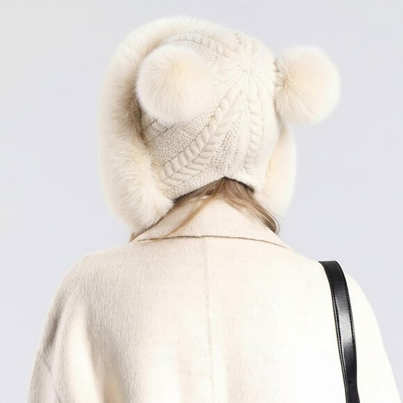 Women Beige Winter Sherpa Beanie Hats Knit Ear Flaps Peruvian Cover Ears - Picture 5 of 10